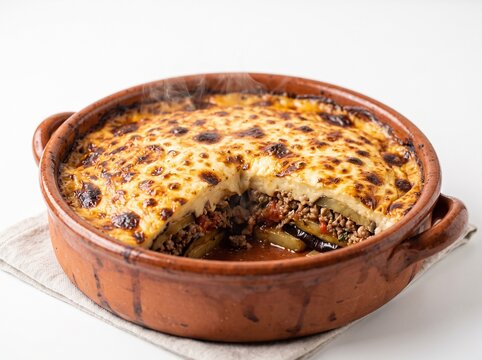 Freshly baked moussaka casserole served in a traditional clay baking dish