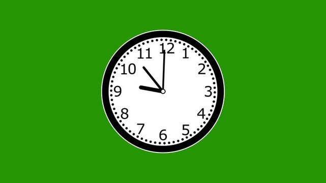 Classic analog wall clock face with moving hands isolated on a bright green screen background, time-lapse editing, business presentations, deadline reminders, and chronological sequences