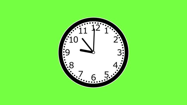 Animated analog wall clock isolated on a bright green screen background, chroma key compositing, time management concepts, business deadlines, and countdown visual effects