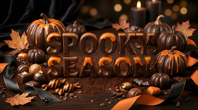 Spooky season text with chocolate pumpkins and candies for halloween celebration.
