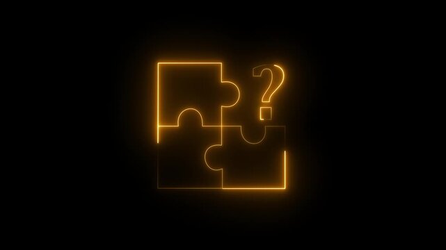 Glowing neon Problem Solving puzzle icon and question mark animation on a black background.4k motion graphics video