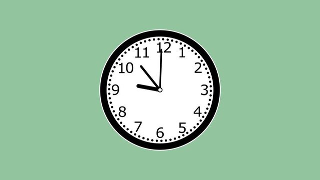 Fast motion time lapse of a classic analog wall clock with moving hands on a minimalist pastel green background, representing deadlines, efficiency, productivity, and the passage of time