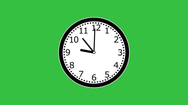 Animated analog wall clock with moving hands on a solid green screen background, chroma key compositing, time management concepts, business deadlines, and countdown sequences