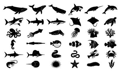 Underwater Wildlife Marine Silhouette Mega Icon Collection © Tanjimul