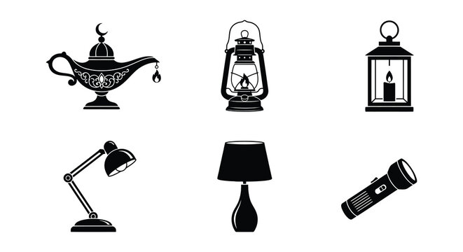 Collection of black silhouette lamps and lanterns on a white background