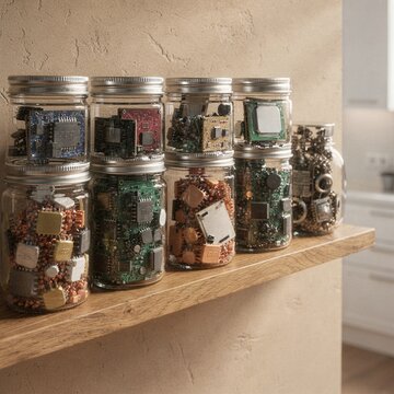 Artificial intelligence memory chips and processors stored in clear glass jars on a warm wooden kitchen shelf, for technology and AI advertising with copy space