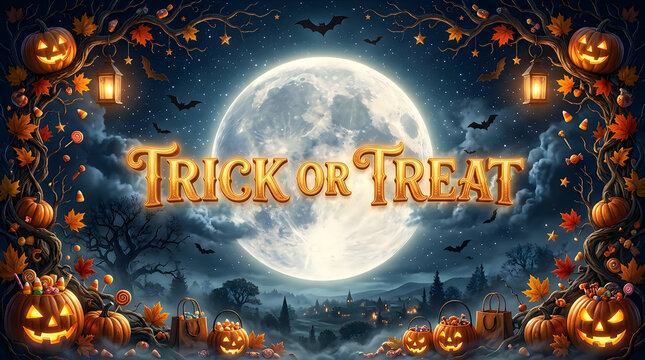 Spooky full moon halloween background with trick or treat text and glowing pumpkins for festive seasonal holiday celebration cards.