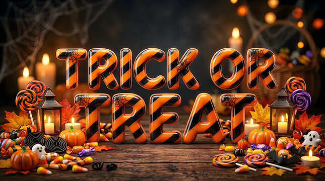 Striped trick or treat 3d text with festive candy pumpkins and halloween decorations on wooden table for party invitations.