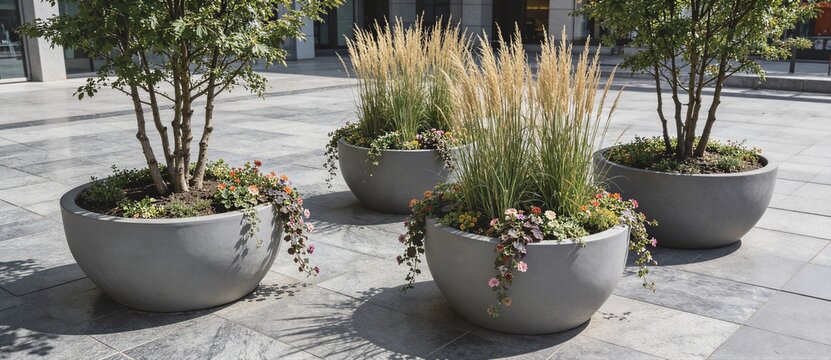 Contemporary plaza with large gray planters containing small trees, tall ornamental grasses and trailing flowering plants.