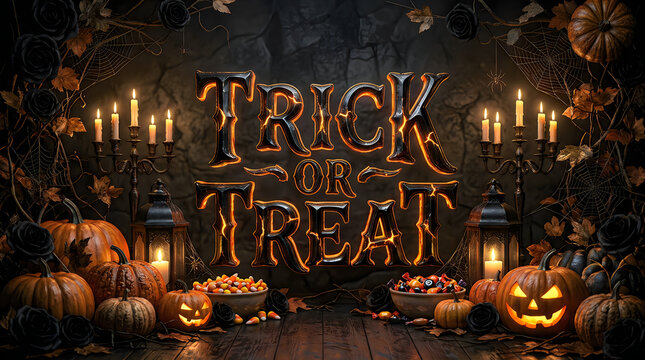 Trick or treat halloween sign with glowing pumpkins black roses and candles for festive party card invitation backgrounds.