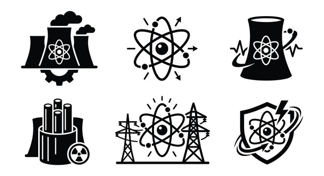 Nuclear energy icons depicting power plants atoms and radiation flat vector style