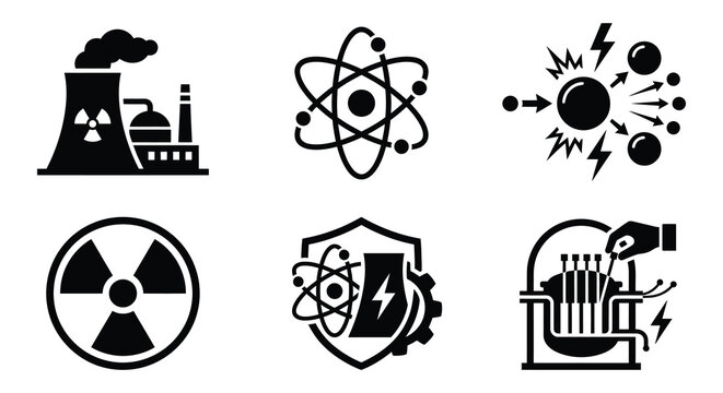 Nuclear energy icons depicting power plants atoms and radiation flat vector style