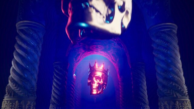 Seamless Infinite Camera Loop Passing Through Ornate Blue Pillars Shrine with Levitating King Skull