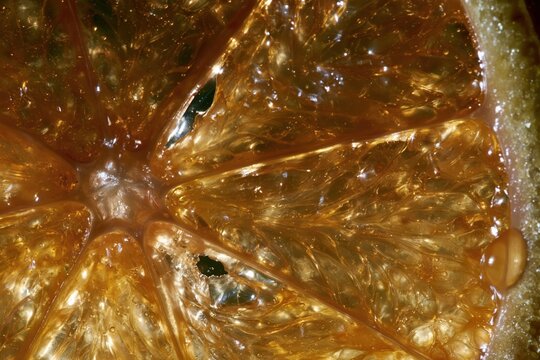 Citrus slice with vivid orange juice sacs and a textured rind, showing glistening droplets and translucent membranes for food design and beverage backgrounds