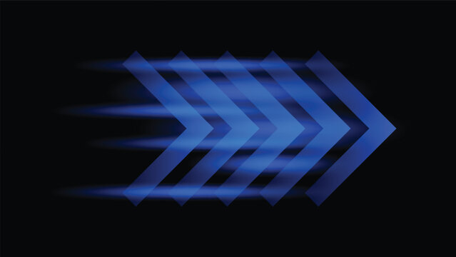 futuristic blue arrow sign with glowing light and blurred speedy effect on dark background  