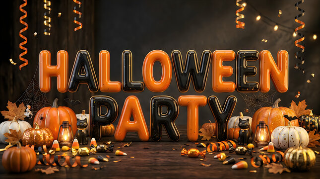 Fun halloween party display with inflated letters and candy for festive fall occasion.