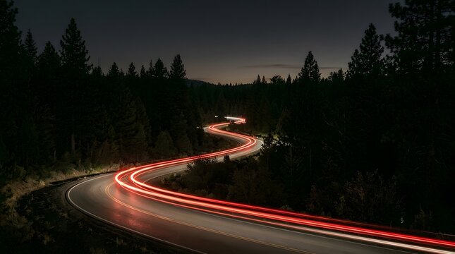 winding road with red light trails at night through forest