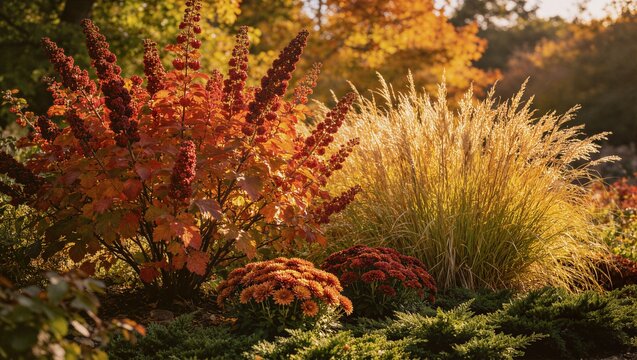 Vibrant autumn garden with red ninebark foliage, golden ornamental grasses and orange chrysanthemums glowing in warm light.