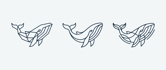 Naklejka premium Three minimalist line art illustrations of whales in a horizontal row on a plain background