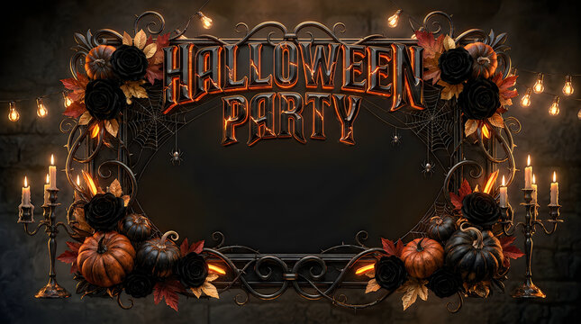Ornate halloween party frame with pumpkins, roses, and cobwebs for seasonal event.