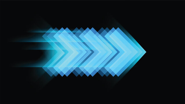 futuristic blue arrow sign blurred speedy effect on dark background  