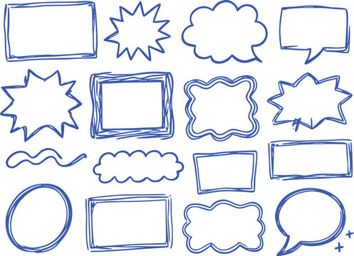 Hand drawn doodle frames, speech bubbles and borders for text. Doodle rectangular, round, star burst, scalloped, looped, wavy speech bubbles. Empty frames, callouts for text