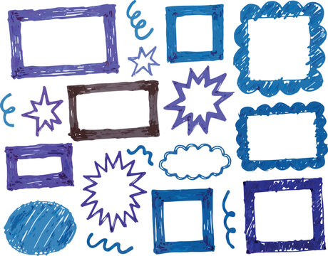 Hand drawn doodle frames, speech bubbles and borders for text. Doodle rectangular, round, star burst, scalloped, looped, wavy speech bubbles. Empty frames, callouts for text