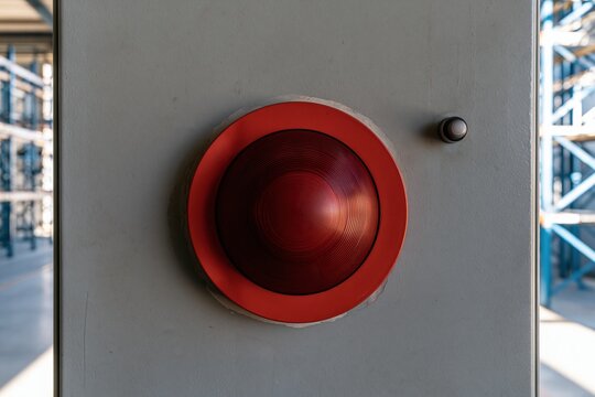 Red emergency stop button with a weathered metal collar on an industrial machine, featuring chipped paint for safety and automation marketing