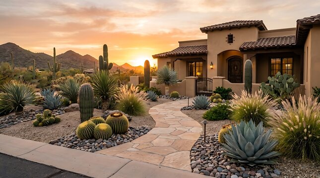 Beautiful house with desert garden and cactus plants under a bright orange sunset in the mountains. arizona front yard