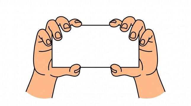 A simple cartoon illustration of two hands holding up a blank white rectangular card against a plain background