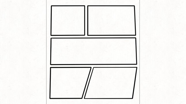 Blank comic strip page layout template with five empty panels for sketching stories and manga art