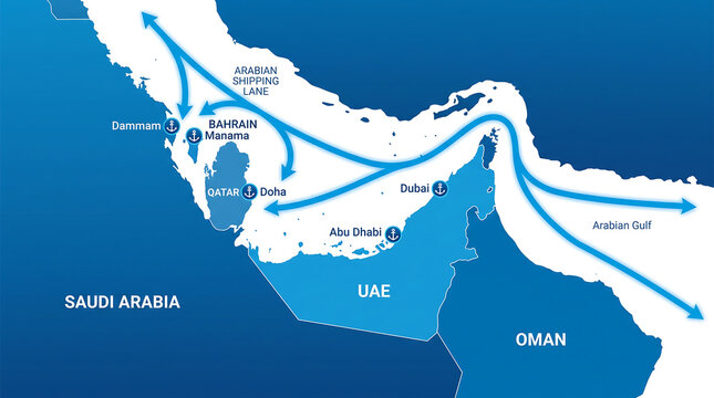 Geographic map illustrating shipping routes and logistical connections across the Arabian Gulf region, highlighting key ports and countries.