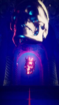 3D Animation of Crowned Golden Skull Floating in Dark Palace Corridor with Red and Blue Lighting