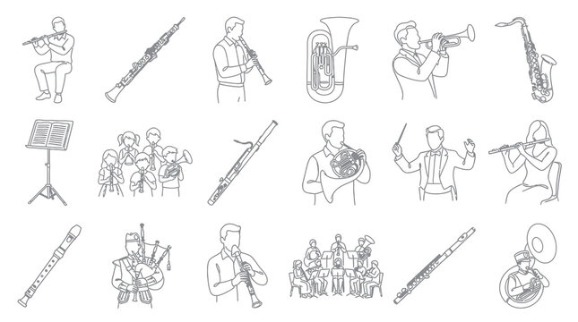 Wind Instruments and Musicians Black  White Line Art Icons Set: Orchestra, Flute, Trumpet, Saxophone, Conductor
