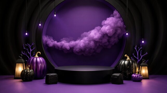 Halloween product display podium with purple smoke and pumpkins on dark background