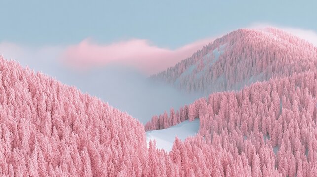 Pink snowy mountain forest with soft mist and a glowing pastel sky, creating a surreal winter landscape for artistic backgrounds and banners