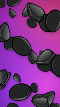 Falling Black Geometric Objects Over Vibrant Purple and Pink Mesh Background