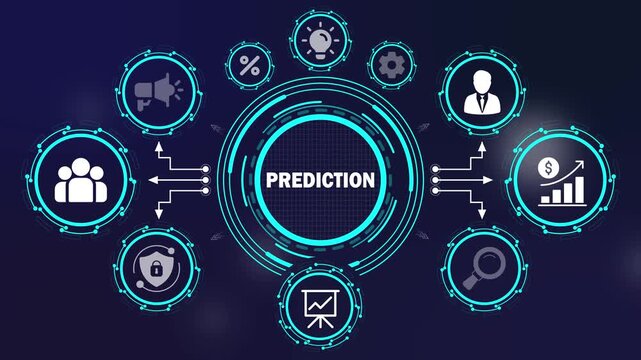 business prediction infographic concept with cyan glowing hud ui icons on dark background. predictive analytics and future business forecasting technology digital network dashboard.
