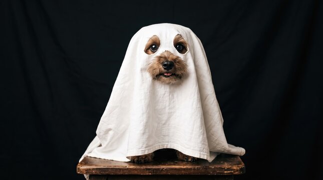 A spooky and adorable halloween portrait of a dog dressed as a classic ghost