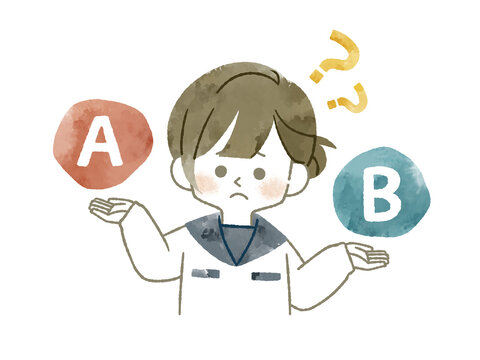 比較をしている困った表情の女子学生-水彩