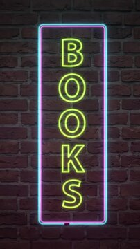 Vertical Neon Books Sign Flickering on Dark Red Brick Wall