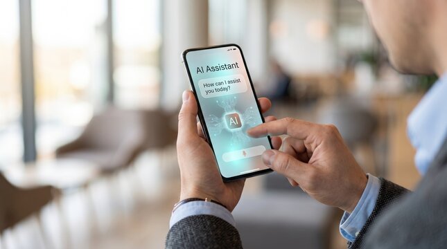 Man using artificial intelligence assistant app on smartphone screen, featuring chatbot interface, virtual helper, machine learning, and modern mobile communication technology.