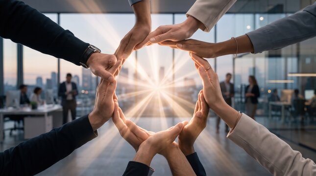 Business team putting hands together in circle gesture, unity and teamwork concept, corporate collaboration and success strategy in modern office.
