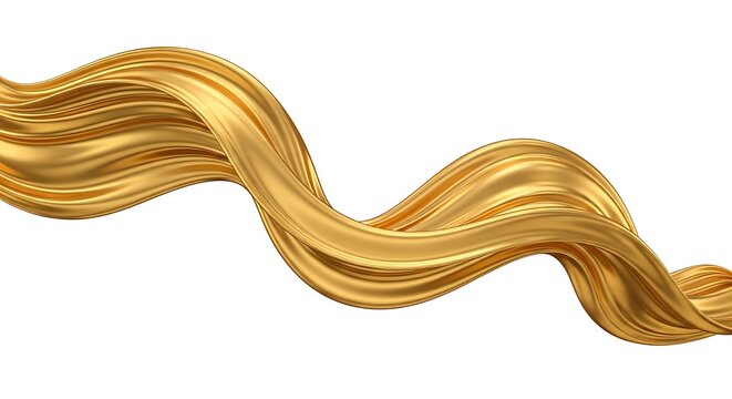 Abstract golden silk fabric wave flowing on white background