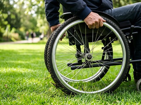 A person using a wheelchair is actively propelling themselves across a vibrant green lawn on a beautiful bright and sunny day outside