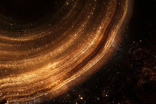 Golden growth rings on a polished wood cross section, featuring rich brown tones and shimmering metallic textures for organic nature backgrounds