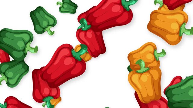 Colorful Bell Peppers Falling Downward on a White Background