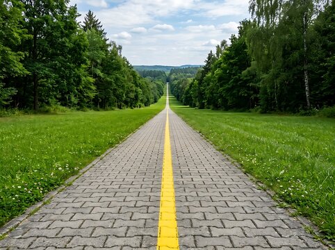 A lengthy straight country road extends far into the distance bordered by vibrant lush green trees under an overcast cloudy sky above
