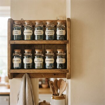 Memory chips and processors in glass jars on a wooden spice rack, a clean and warm kitchen pantry setting with copy space for technology advertising