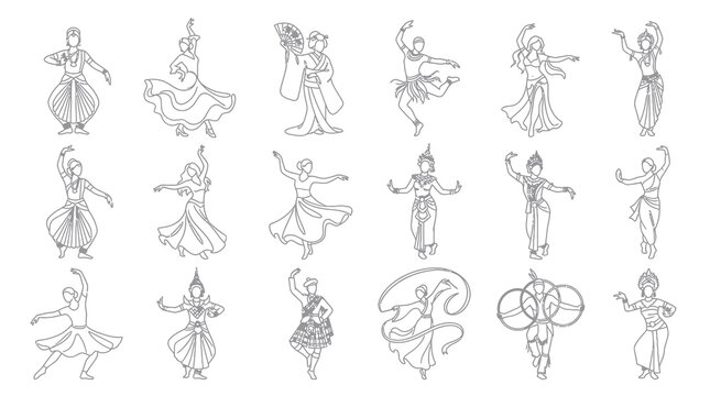 Diverse Traditional Dancers Line Art Collection - Global Culture  Performance